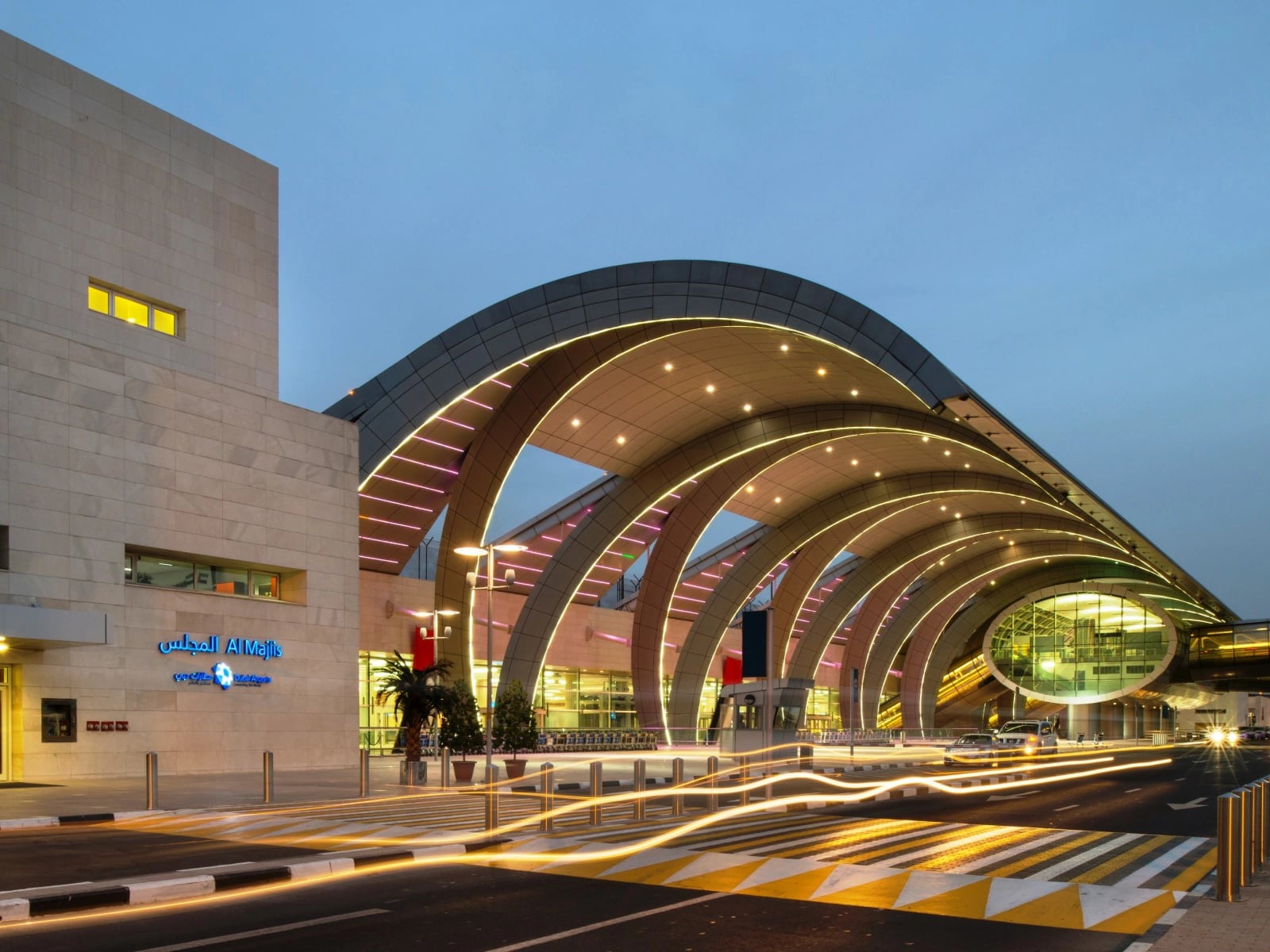 Airport terminal at dusk